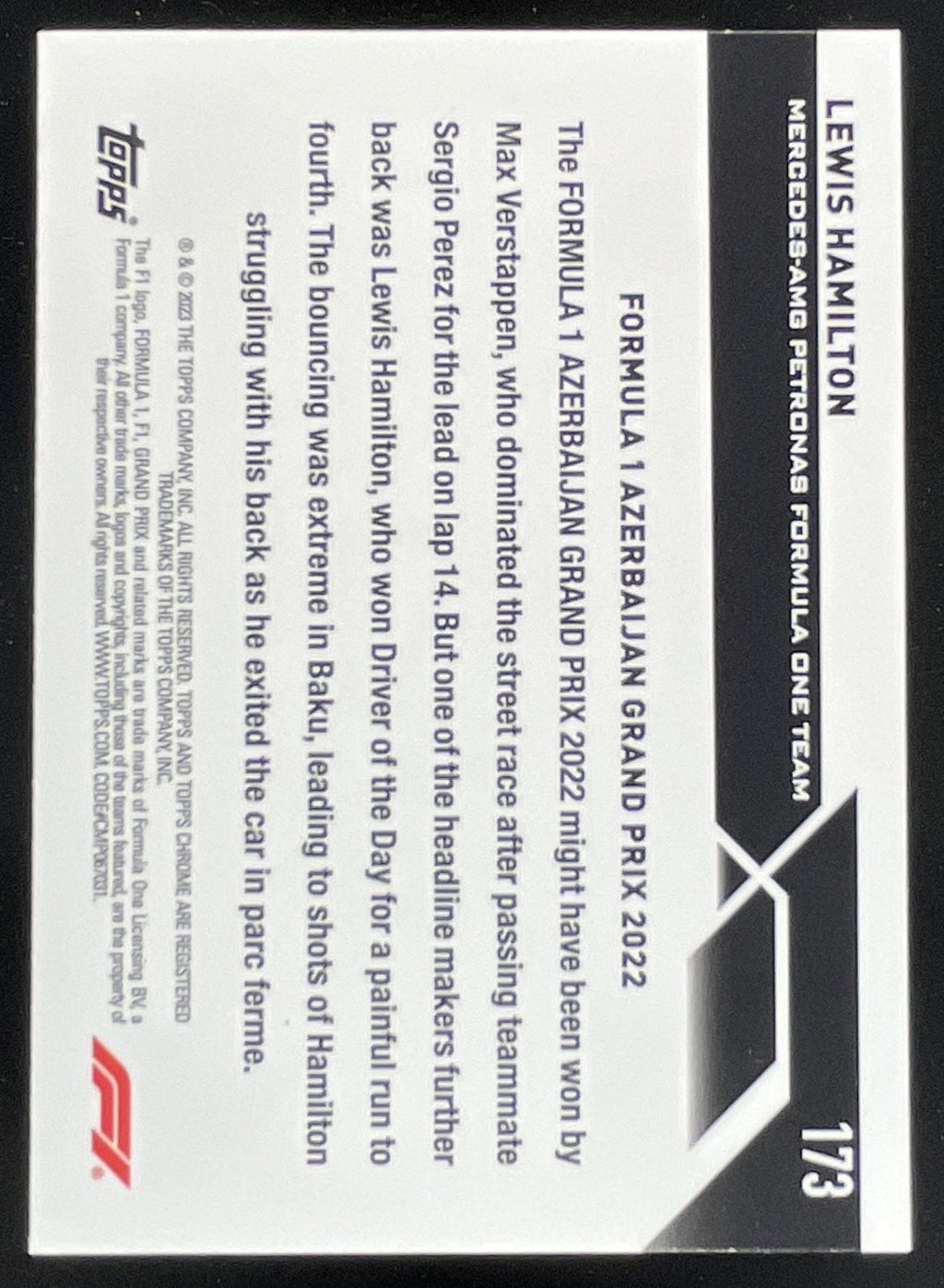 2023 Topps Chrome Formula 1 Purple #173 Lewis Hamilton Driver of the Day /399 product image 2, provided for visual reference
