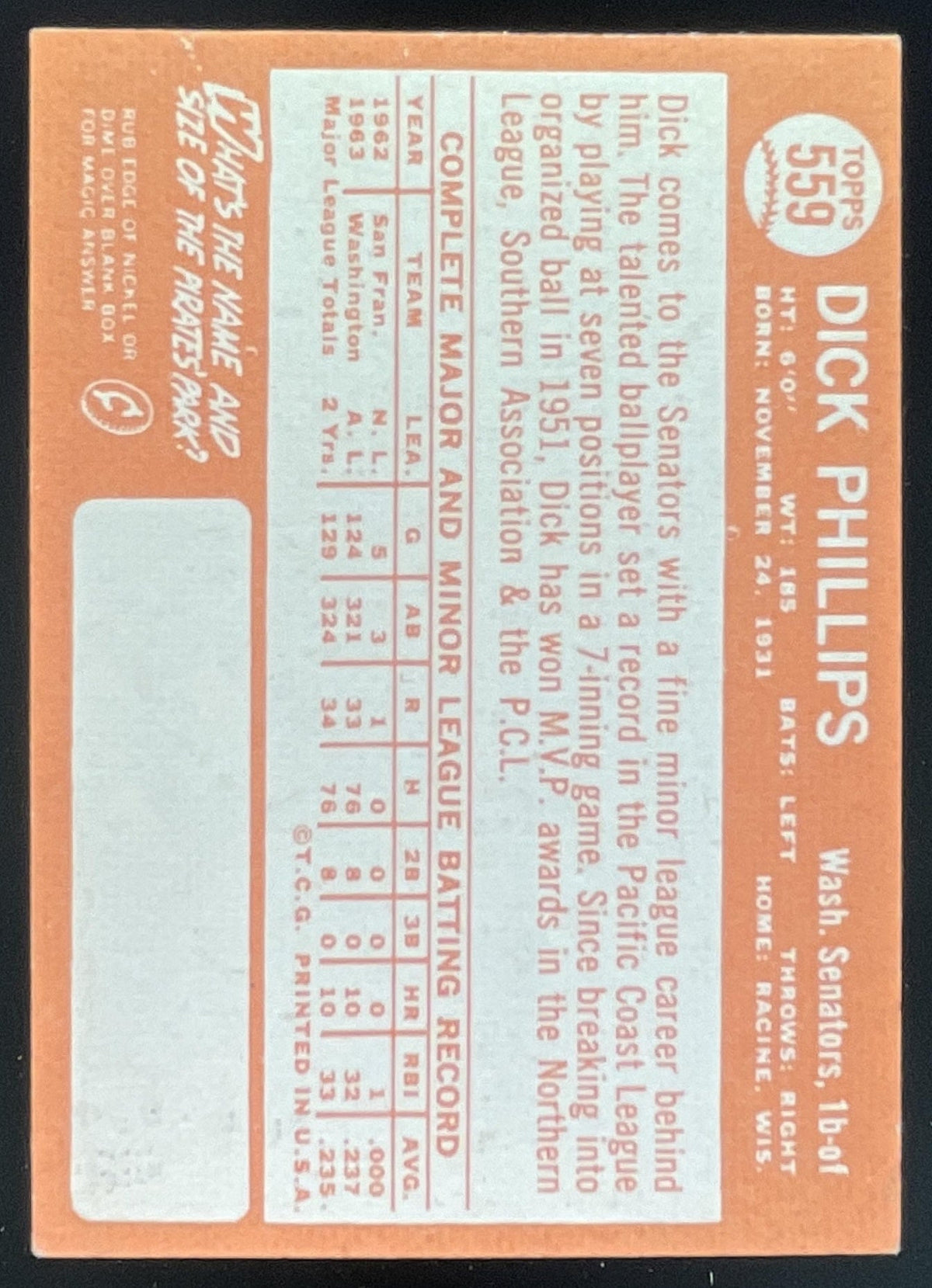 1964 Topps #559 Dick Phillips product image 2, provided for visual reference and product detail review