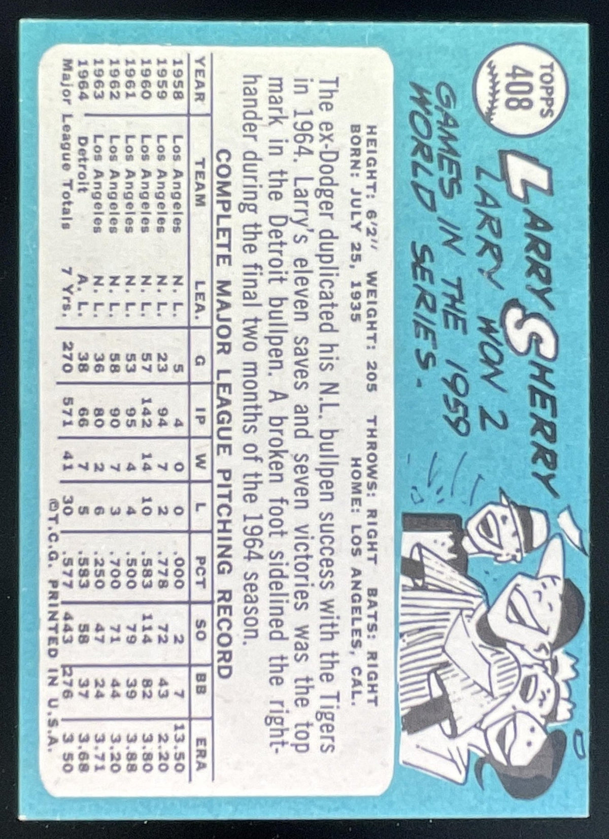1965 Topps #408 Larry Sherry product image 2, provided for visual reference and product detail review