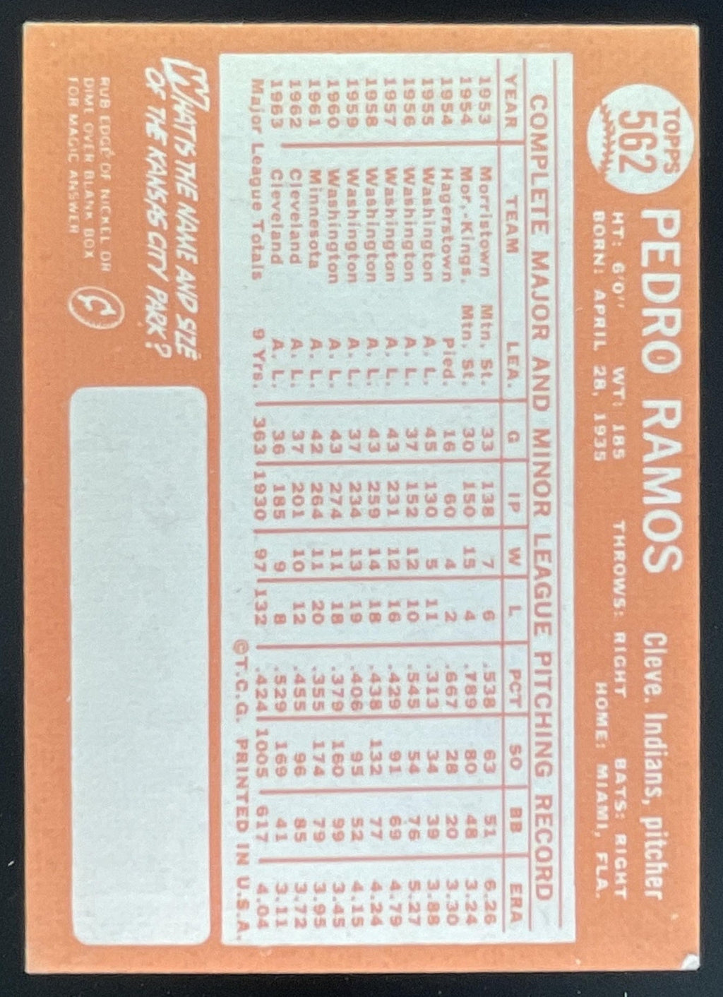 1964 Topps #562 Pedro Ramos product image 2, provided for visual reference and product detail review