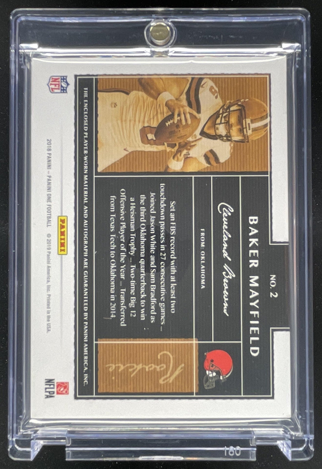 2018 Panini One Rookie Patch Autographs Blue #2 Baker Mayfield RC Auto /99 product image 2, provided for visual reference