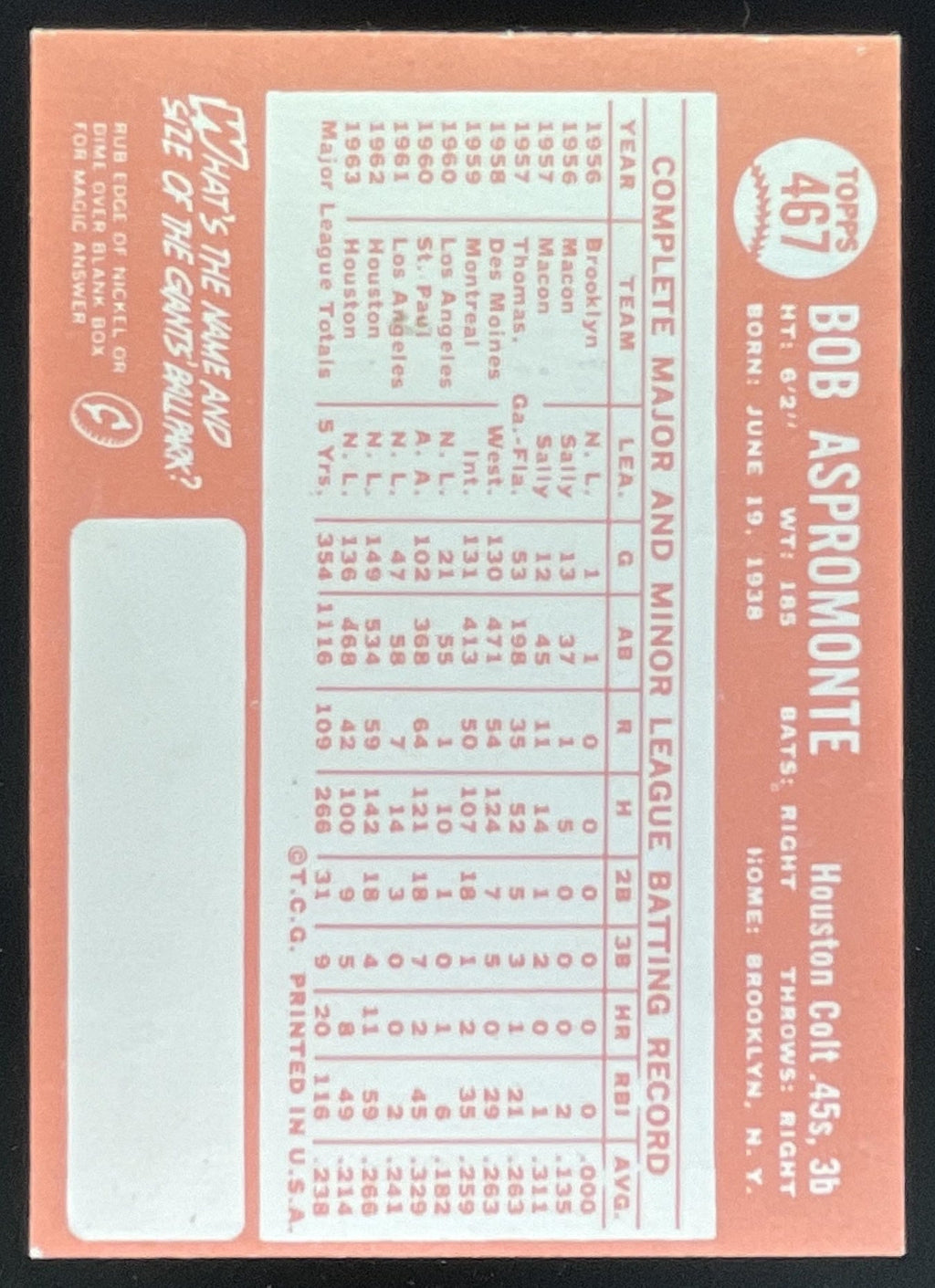 1964 Topps #467 Bob Aspromonte product image 2, provided for visual reference and product detail review