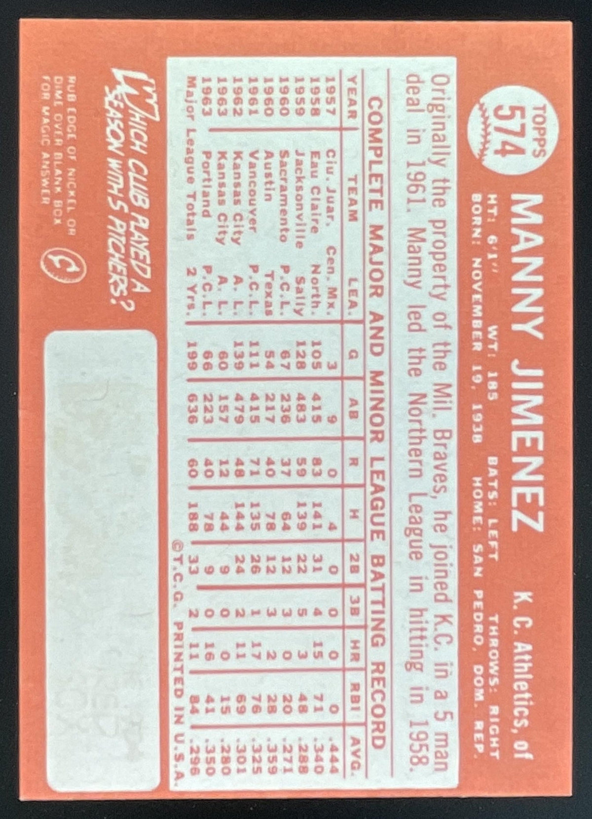 1964 Topps #574 Manny Jimenez product image 2, provided for visual reference and product detail review