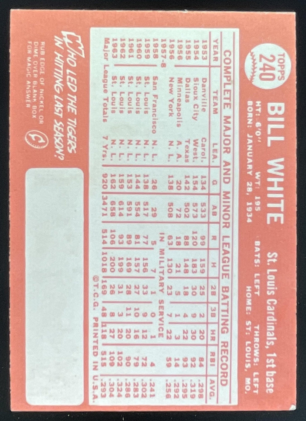 1964 Topps #240 Bill White product image 2, provided for visual reference and product detail review