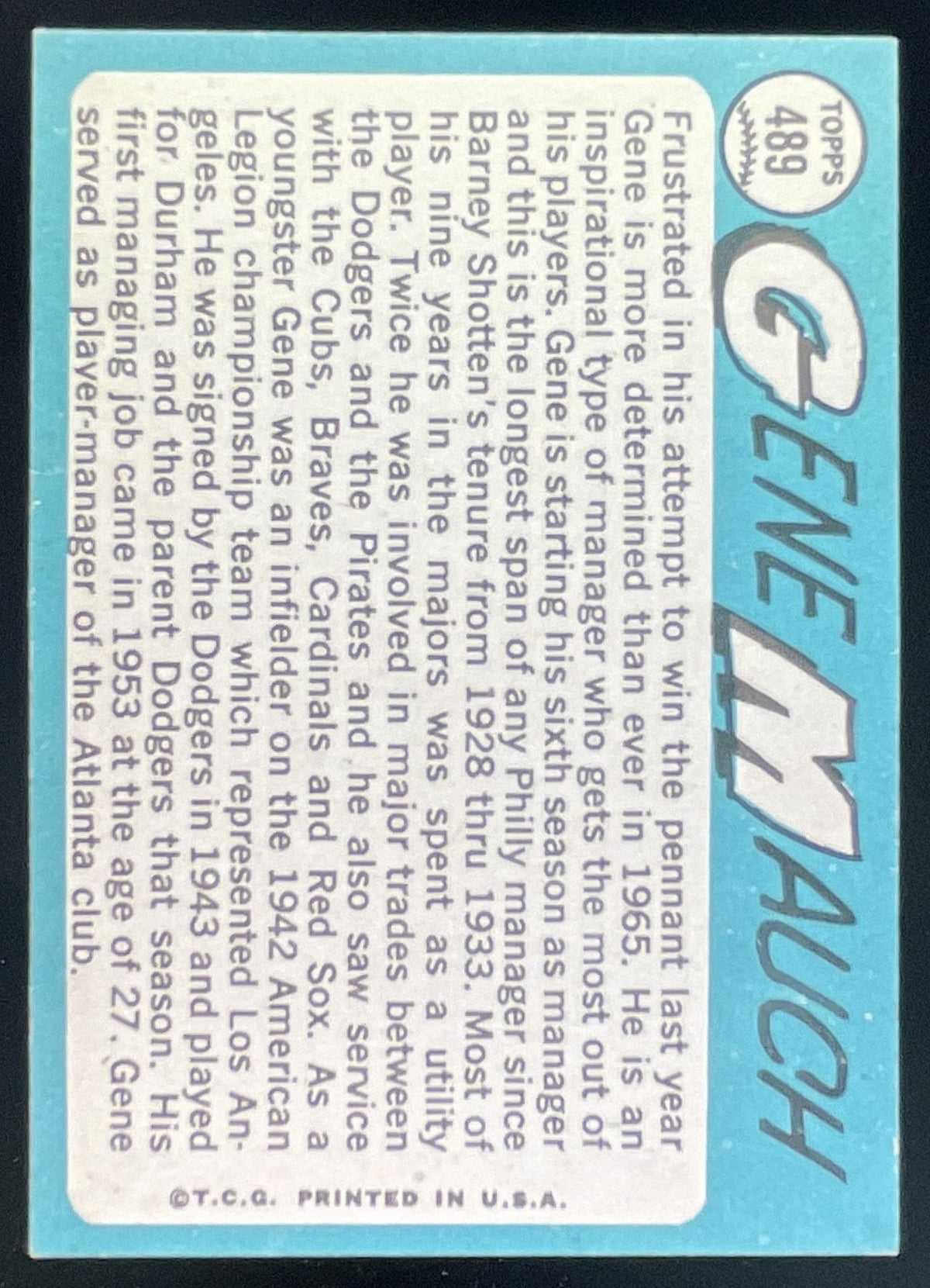 1965 Topps #489 Gene Mauch product image 2, provided for visual reference and product detail review