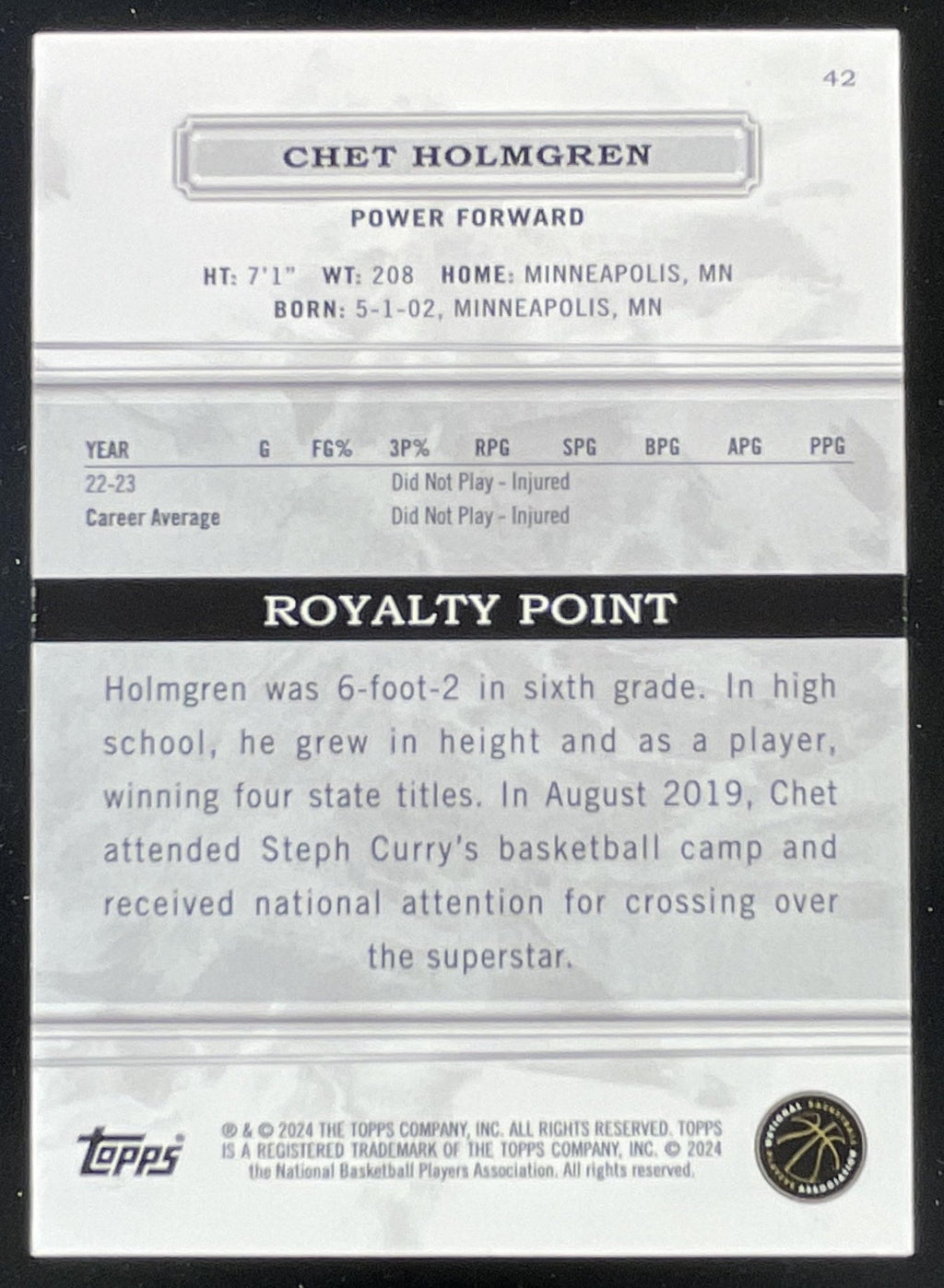 2023-24 Topps Royalty Collection Gold #42 Chet Holmgren /10 product image 2, provided for visual reference and product