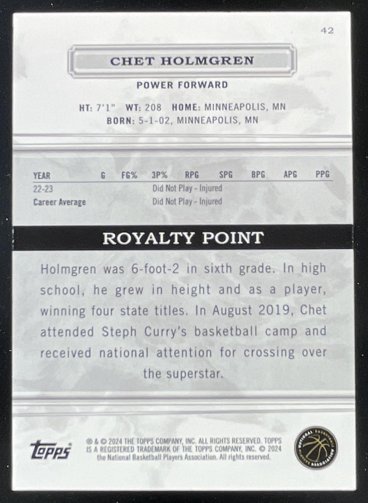 2023-24 Topps Royalty Collection Gold #42 Chet Holmgren /10 product image 2, provided for visual reference and product