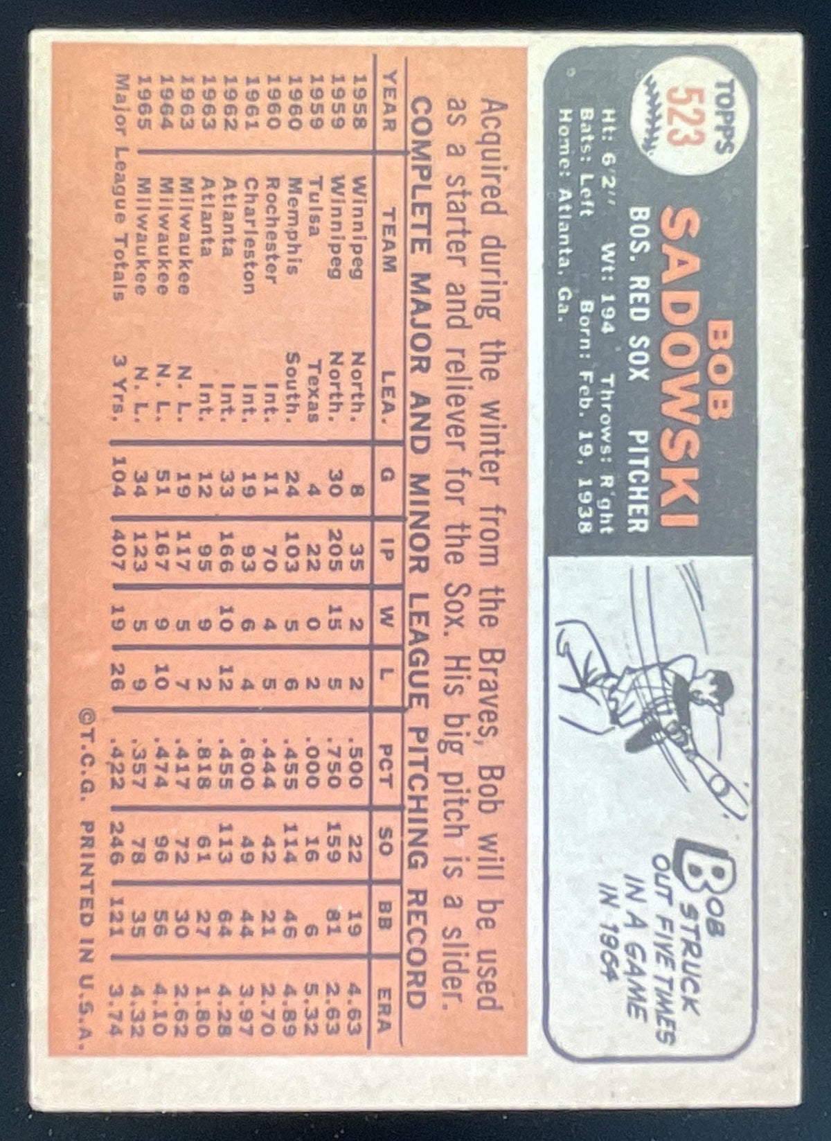 1966 Topps #523 Bob Sadowski product image 2, provided for visual reference and product detail review