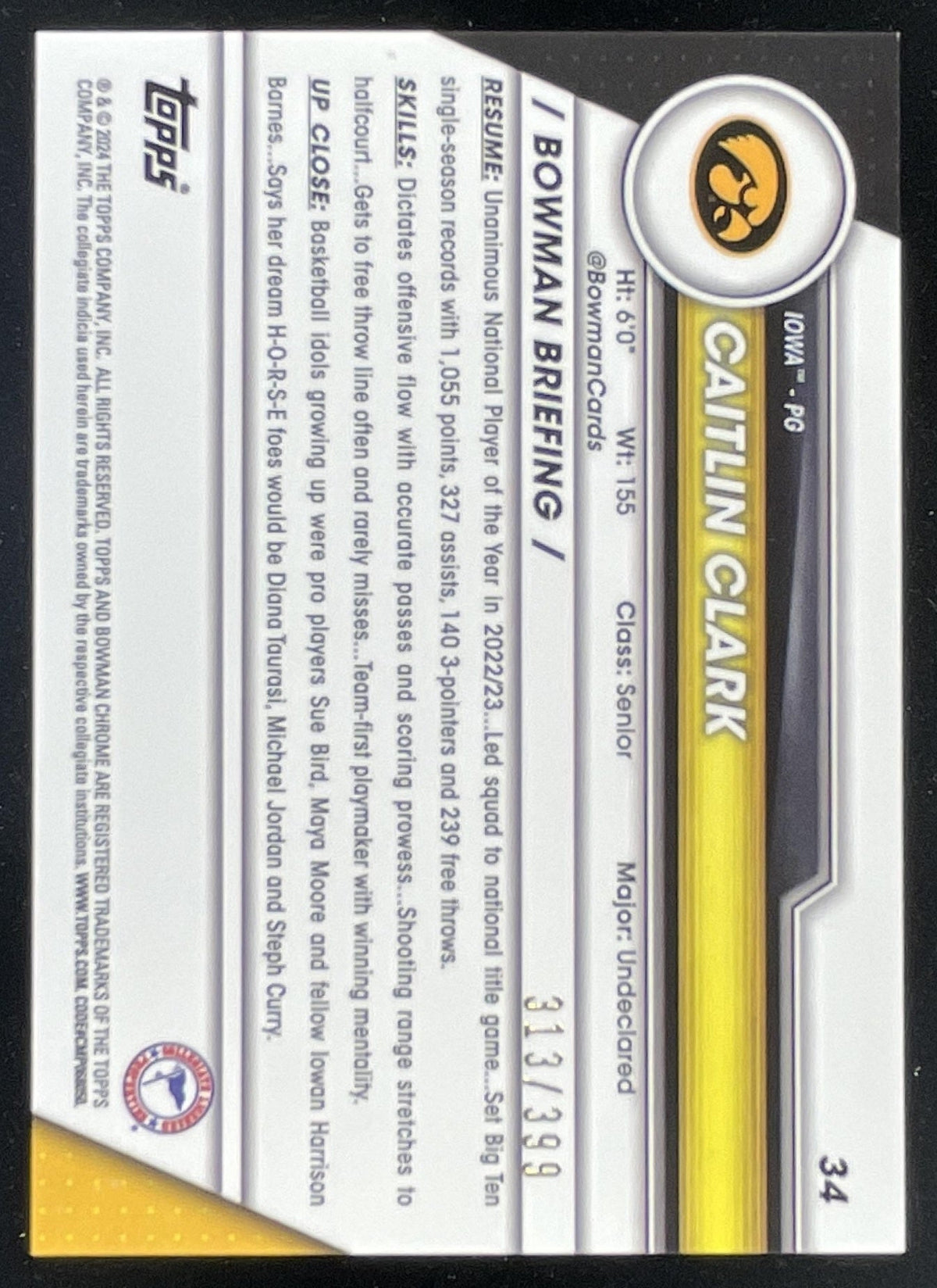 2023-24 Bowman University Chrome Purple Refractor #34 Caitlin Clark /399 product image 2, provided for visual reference and