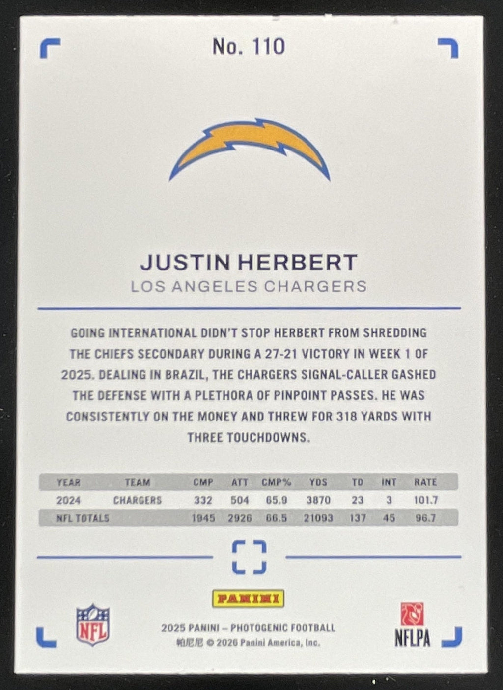 2025 Panini PhotoGenic Horizontal Silver #110 Justin Herbert /15 product image 2, provided for visual reference and product