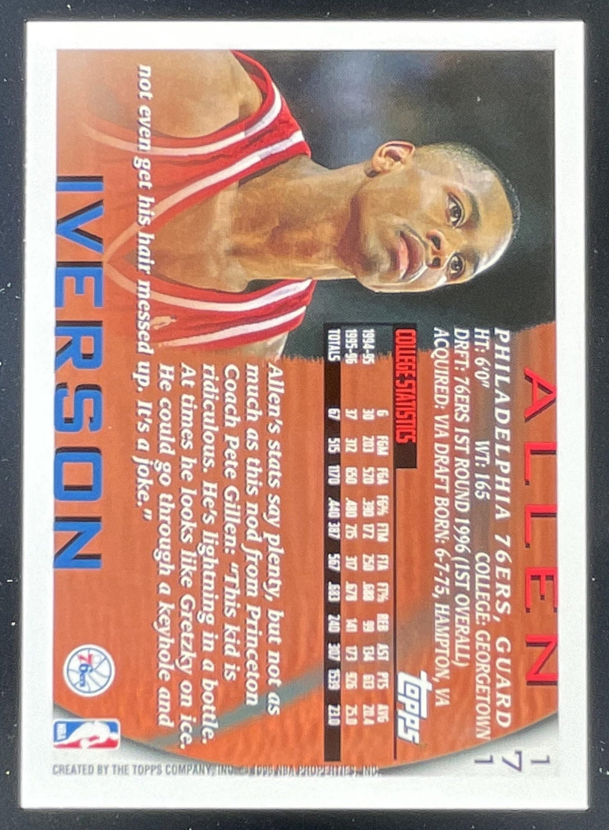 1996-97 Topps #171 Allen Iverson RC product image 2, provided for visual reference and product detail review