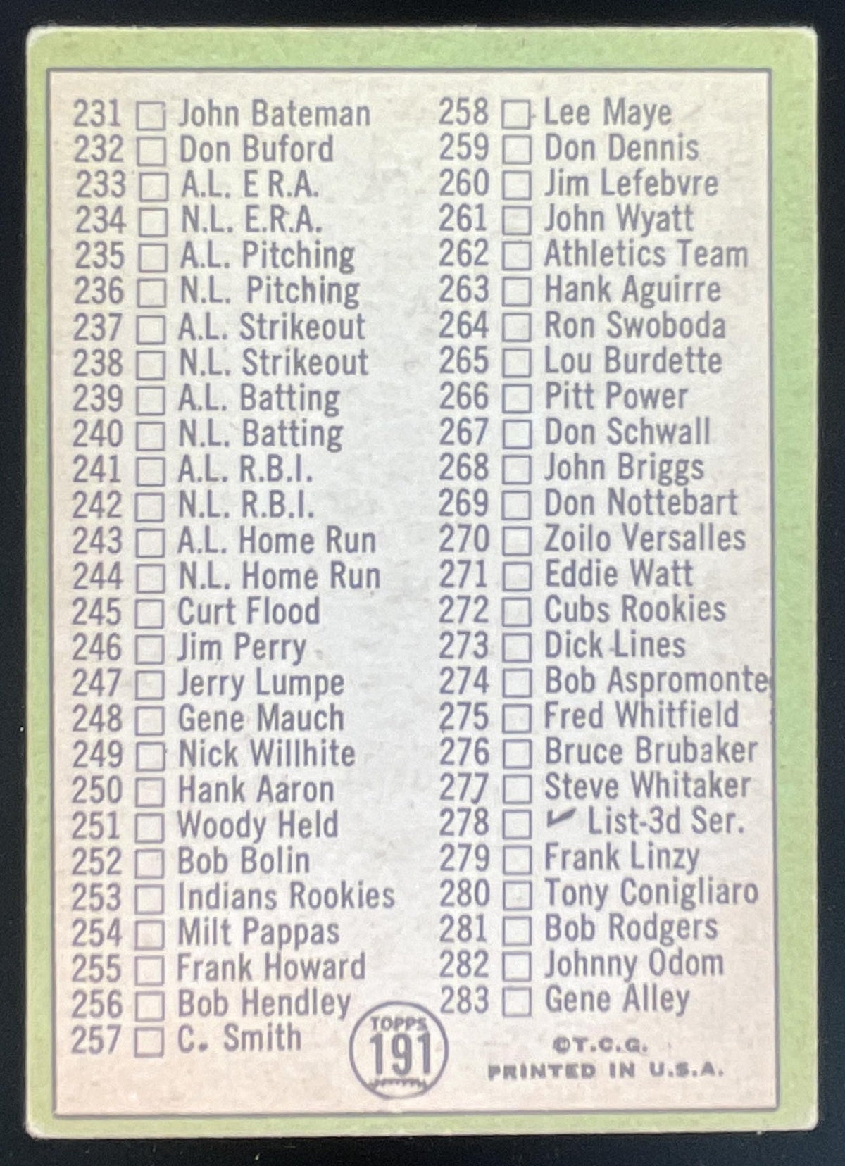 1967 Topps #191 3rd Series Checklist 197-283 product image 2, provided for visual reference and product detail review