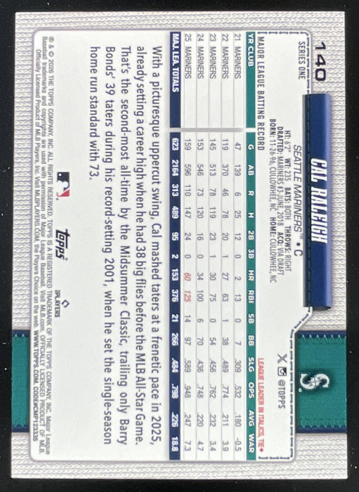 2026 Topps Series 1 Team Color Border Variation #140 Cal Raleigh product image 2, provided for visual reference and product