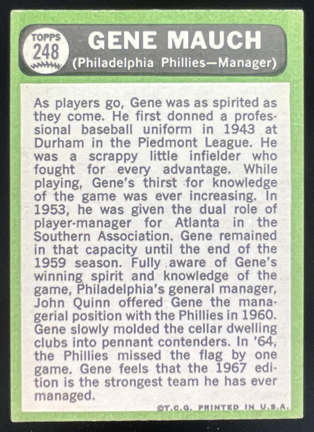 1967 Topps #248 Gene Mauch product image 2, provided for visual reference and product detail review