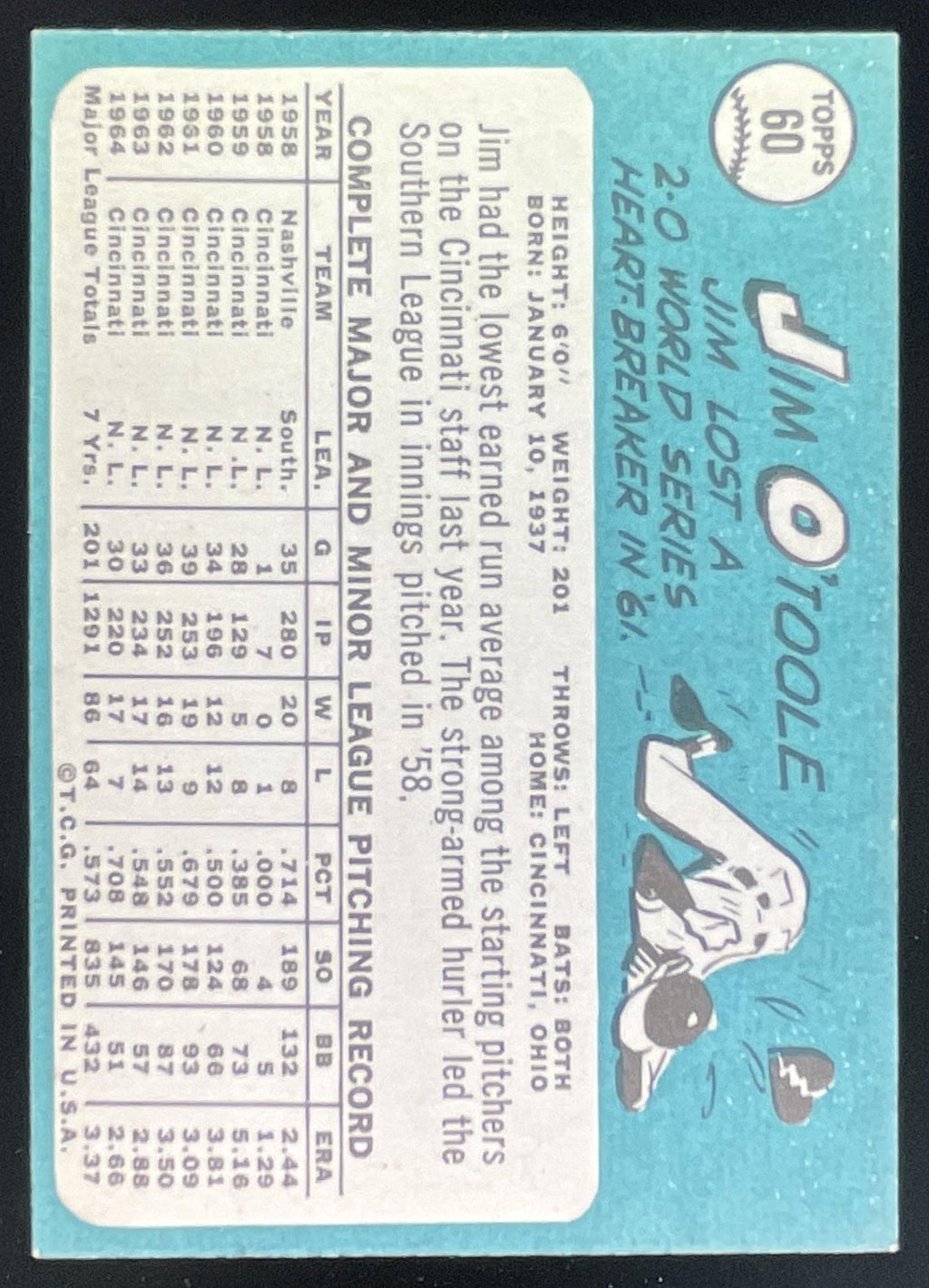 1965 Topps #60 Jim O'Toole product image 2, provided for visual reference and product detail review