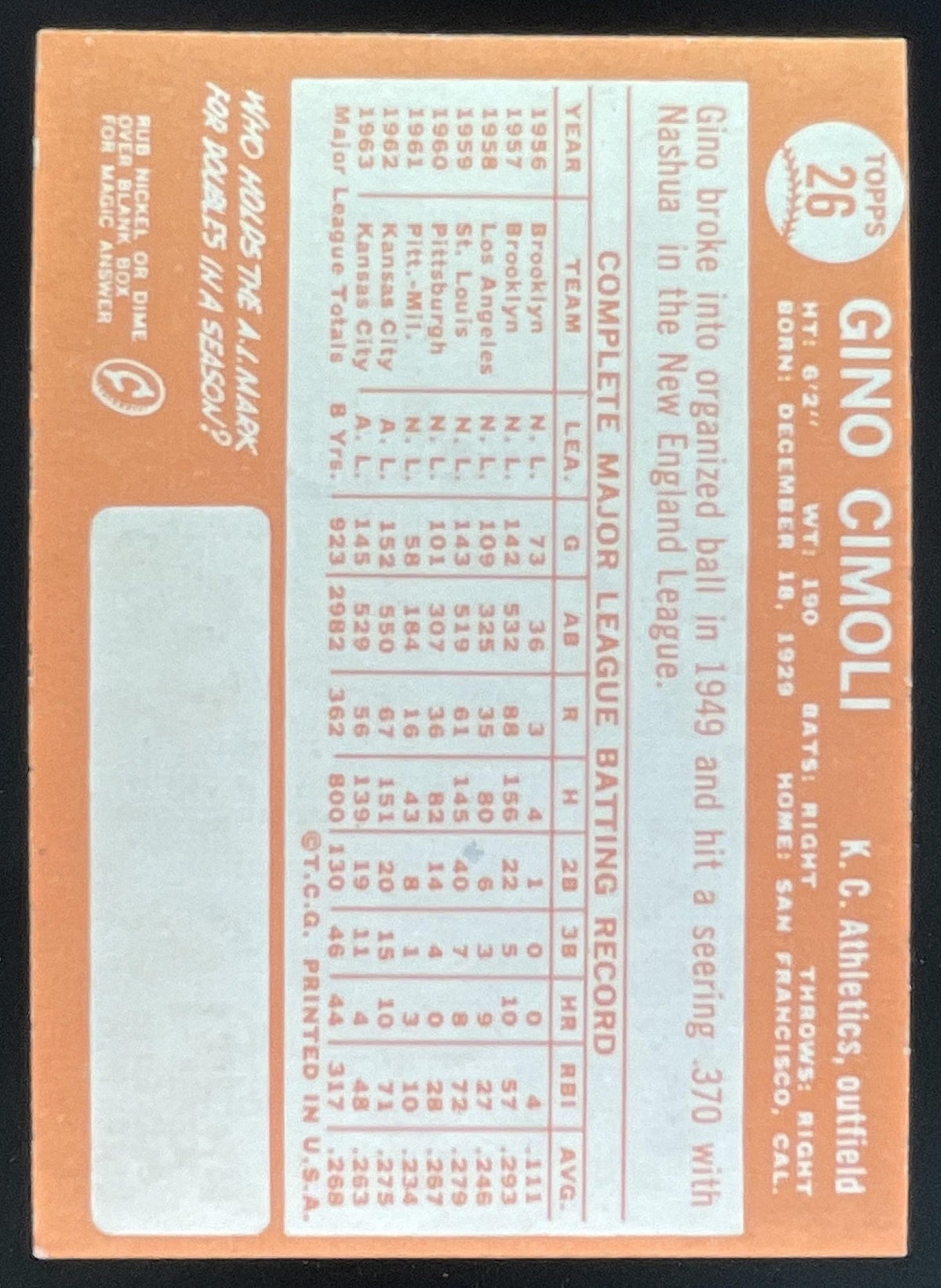 1964 Topps #26 Gino Cimoli product image 2, provided for visual reference and product detail review