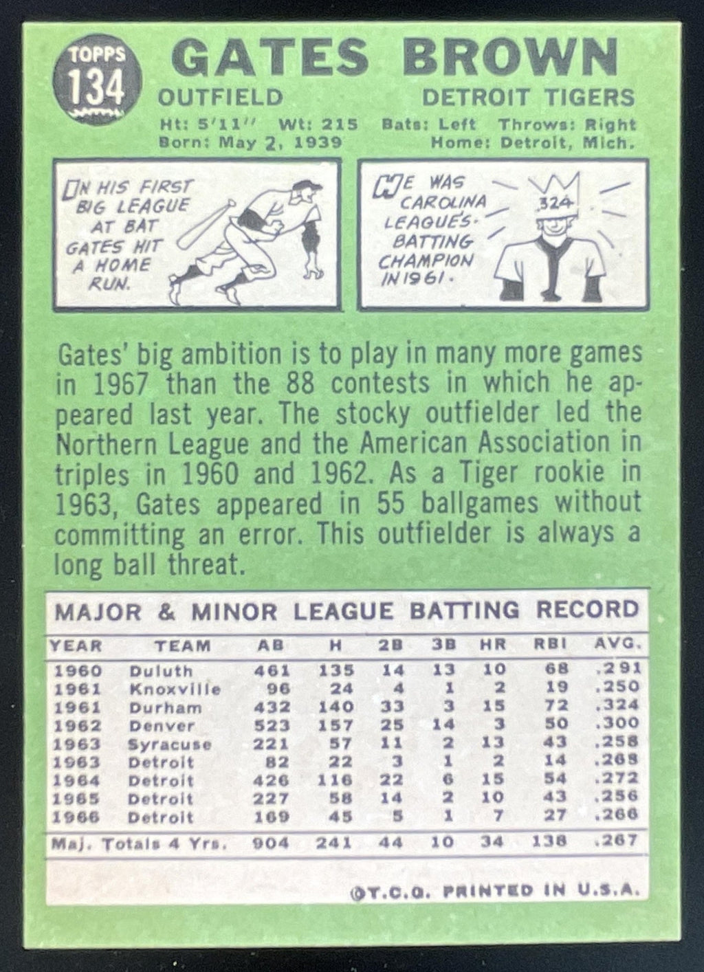 1967 Topps #134 Gates Brown product image 2, provided for visual reference and product detail review