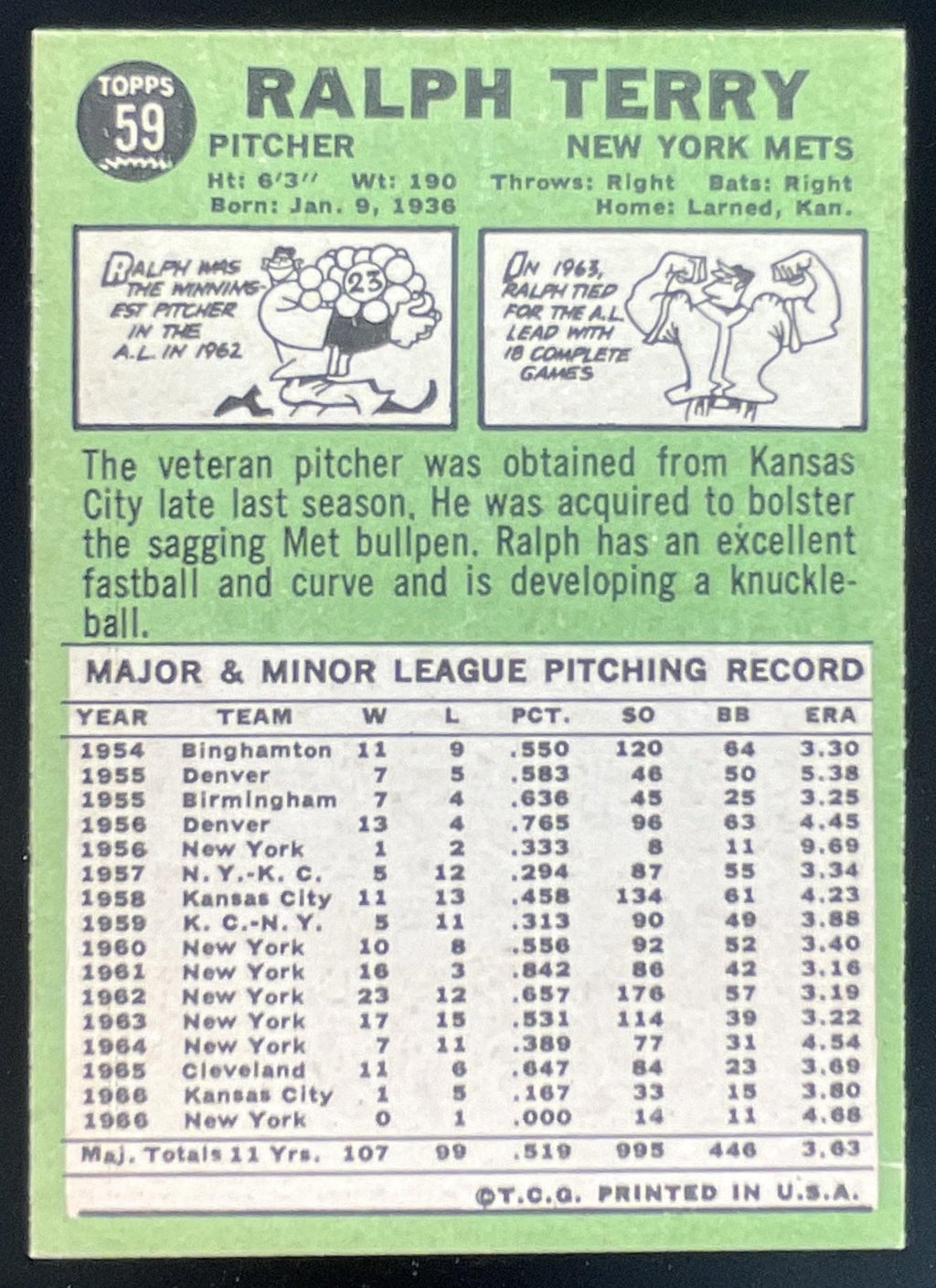 1967 Topps #59 Ralph Terry product image 2, provided for visual reference and product detail review