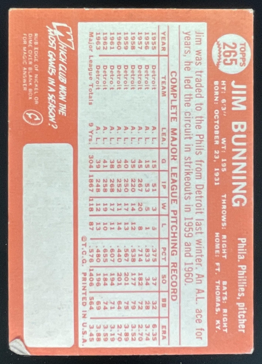 1964 Topps #265 Jim Bunning product image 2, provided for visual reference and product detail review