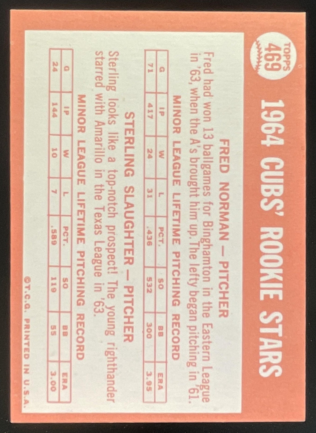 1964 Topps #469 Cubs 1964 Rookie Stars Fred Norman Sterling Slaughter RC product image 2, provided for visual reference and