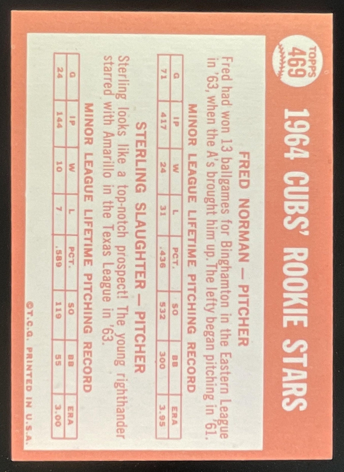 1964 Topps #469 Cubs 1964 Rookie Stars Fred Norman Sterling Slaughter RC product image 2, provided for visual reference and