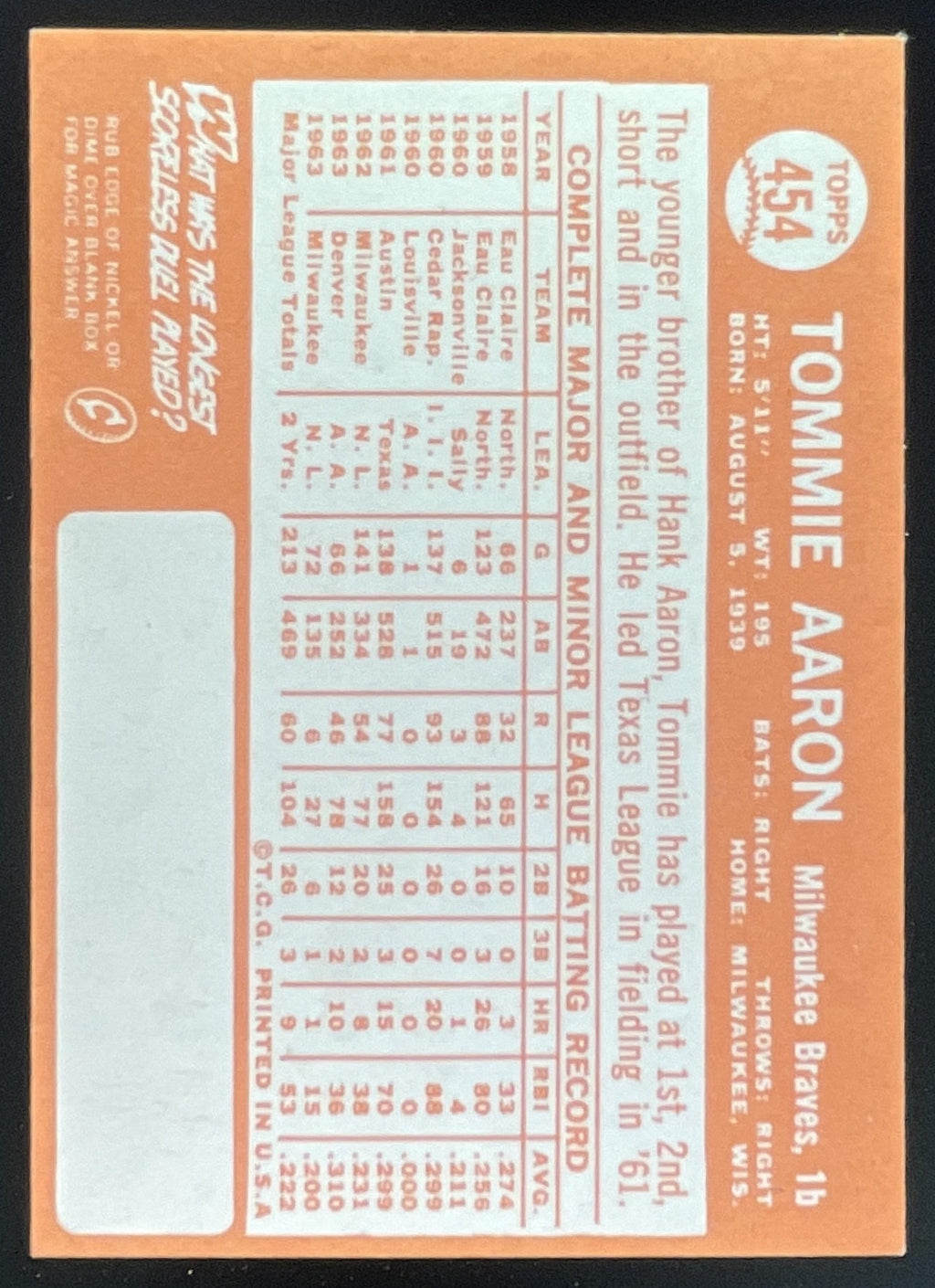 1964 Topps #454 Tommie Aaron product image 2, provided for visual reference and product detail review