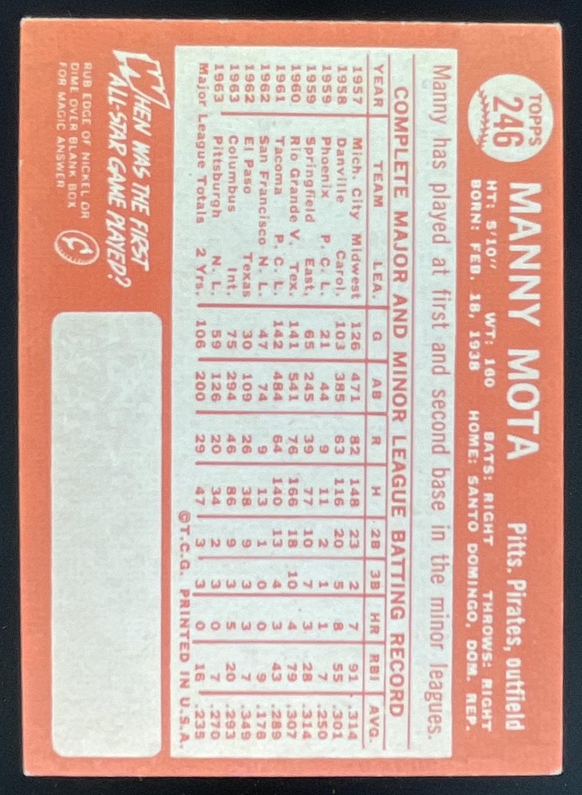 1964 Topps #246 Manny Mota product image 2, provided for visual reference and product detail review