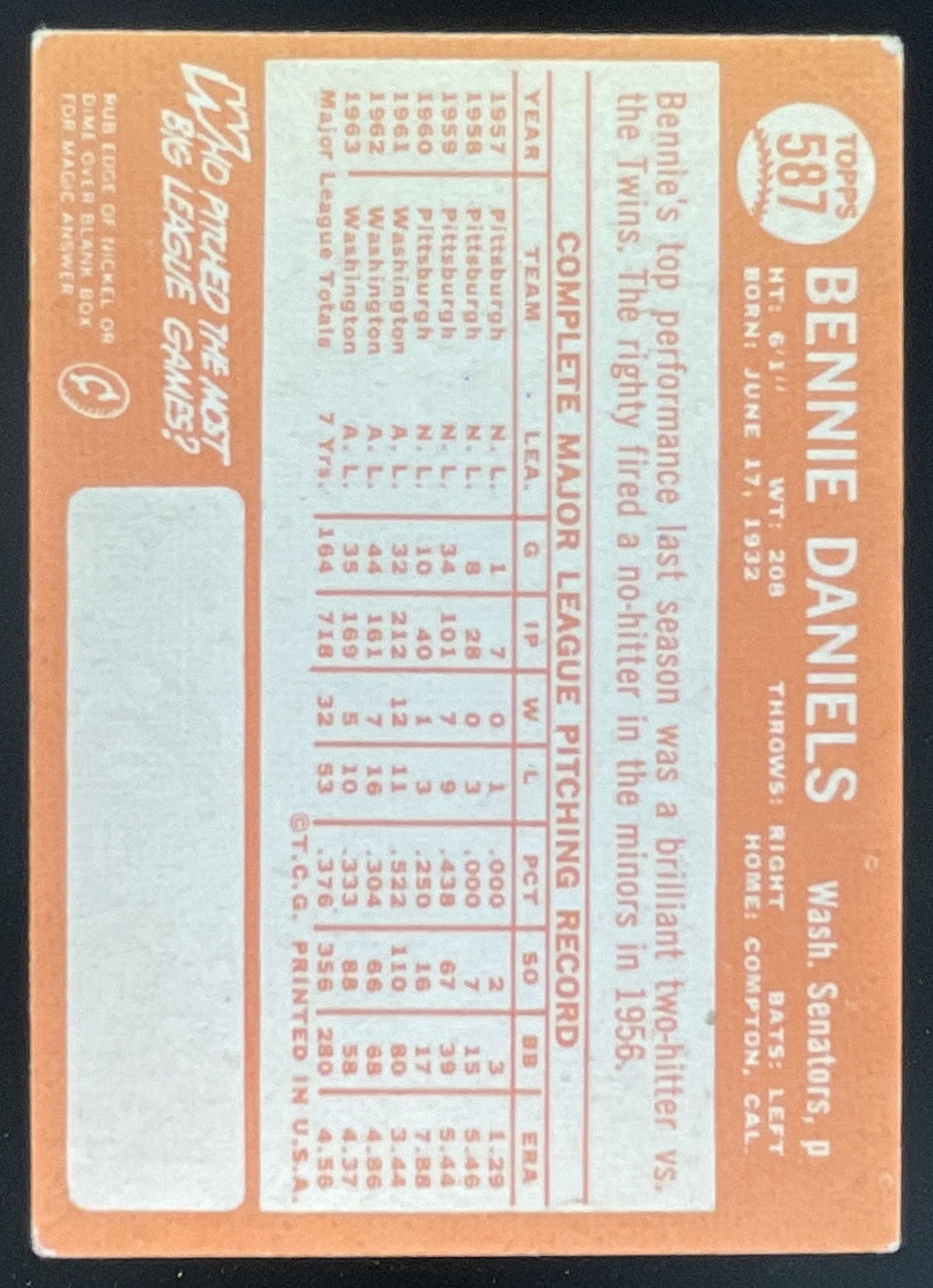 1964 Topps #587 Bennie Daniels product image 2, provided for visual reference and product detail review