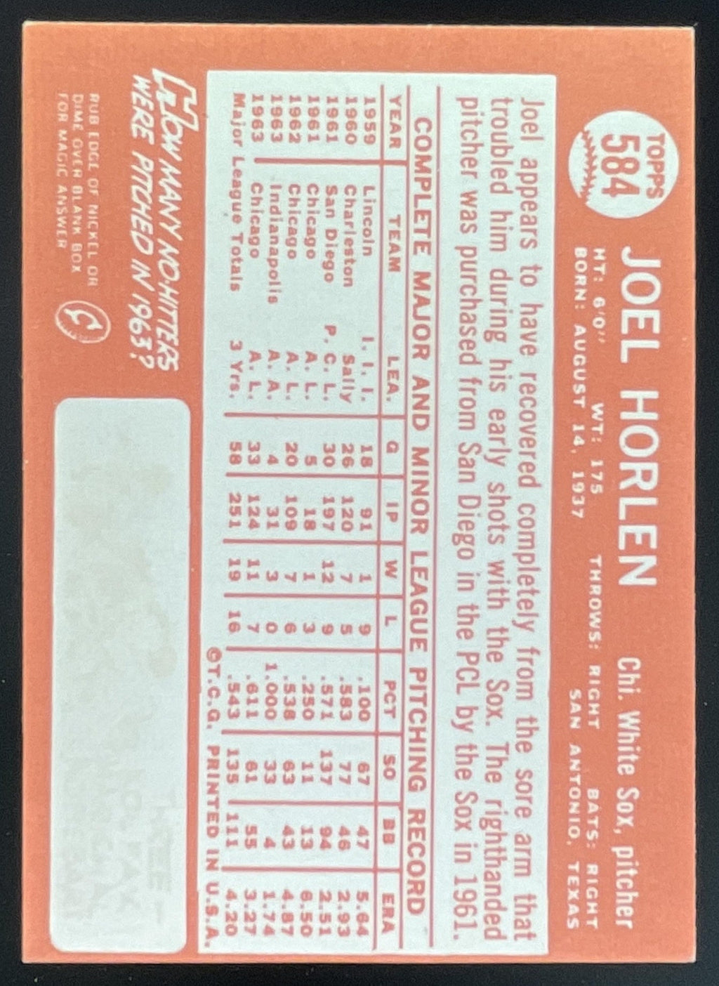 1964 Topps #584 Joel Horlen product image 2, provided for visual reference and product detail review
