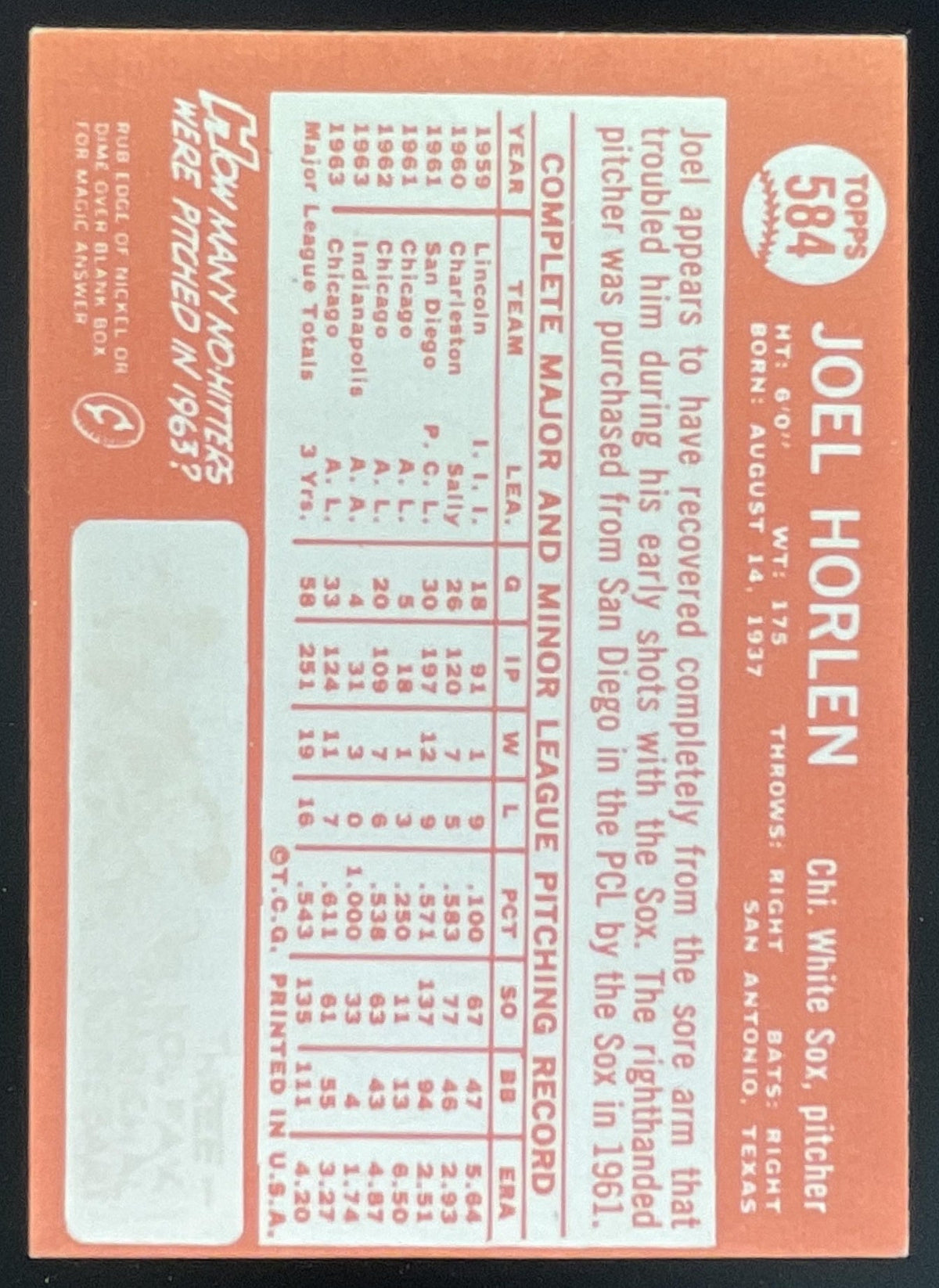 1964 Topps #584 Joel Horlen product image 2, provided for visual reference and product detail review