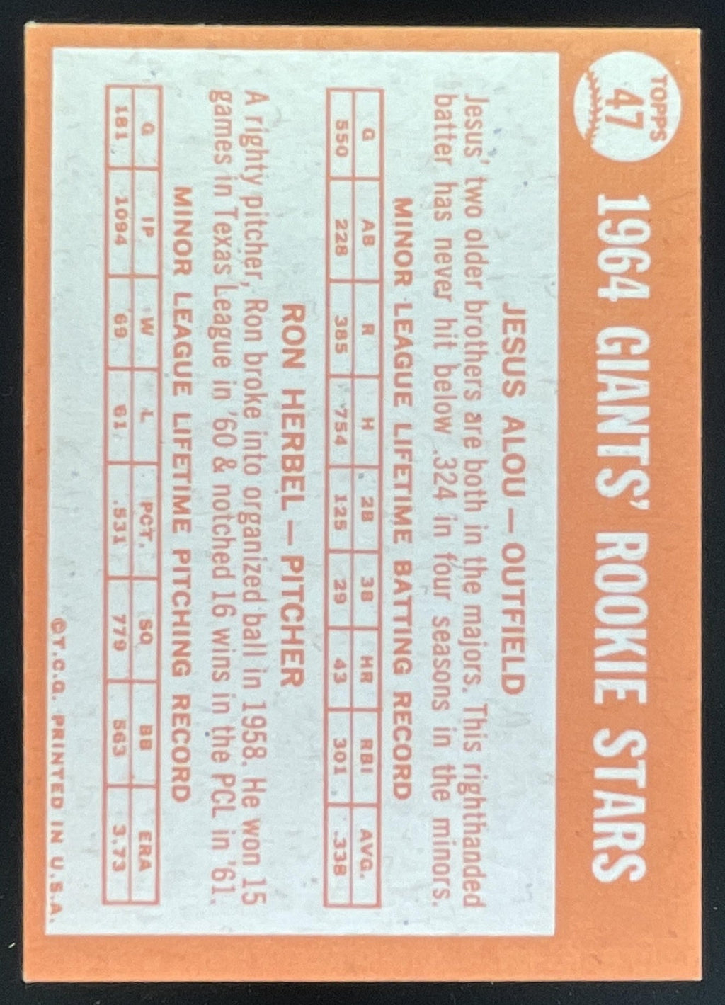 1964 Topps #47 JESUS ALOU Ron Herbel RC product image 2, provided for visual reference and product detail review