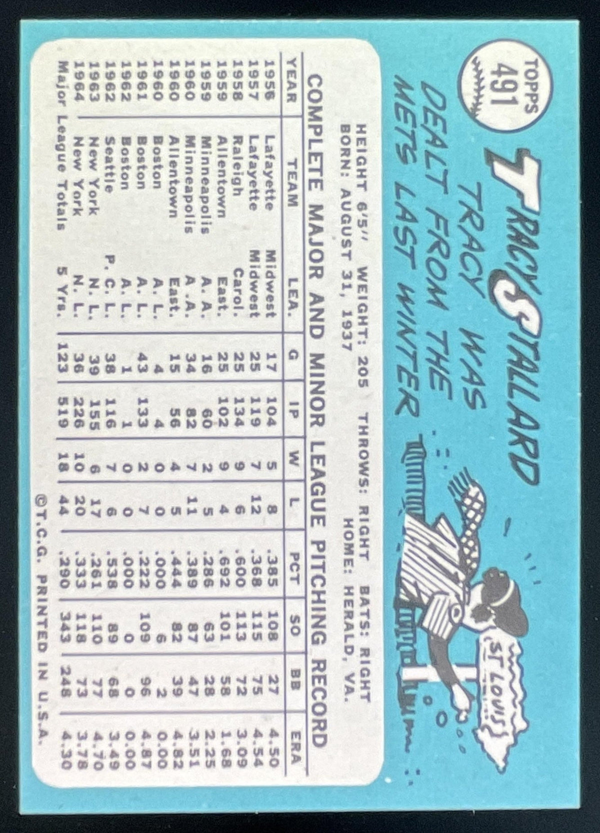 1965 Topps #491 Tracy Stallard product image 2, provided for visual reference and product detail review