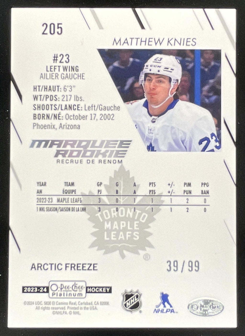 2023-24 O-Pee-Chee Platinum Arctic Freeze #205 Matthew Knies RC /99 product image 2, provided for visual reference and