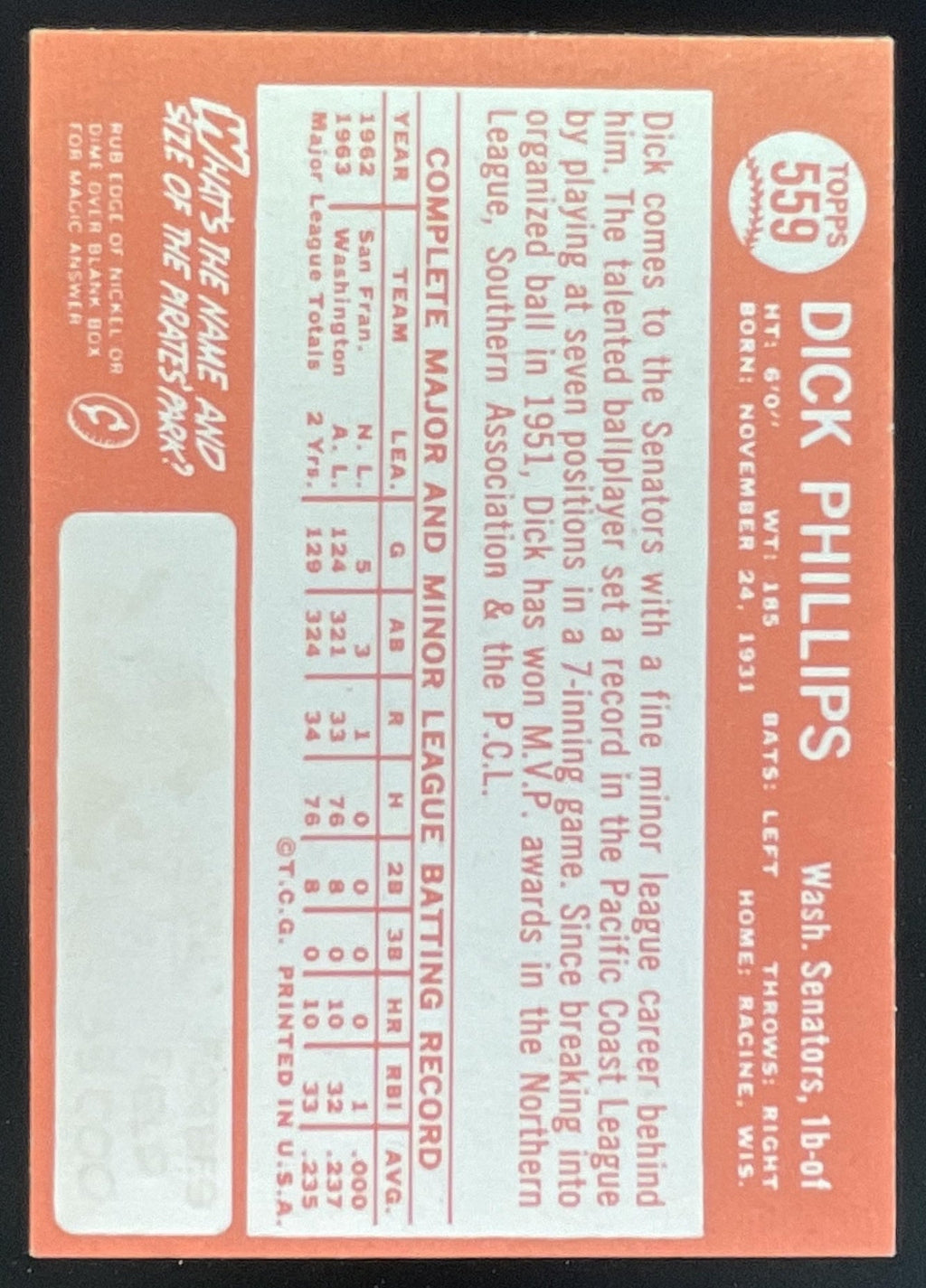 1964 Topps #559 Dick Phillips product image 2, provided for visual reference and product detail review