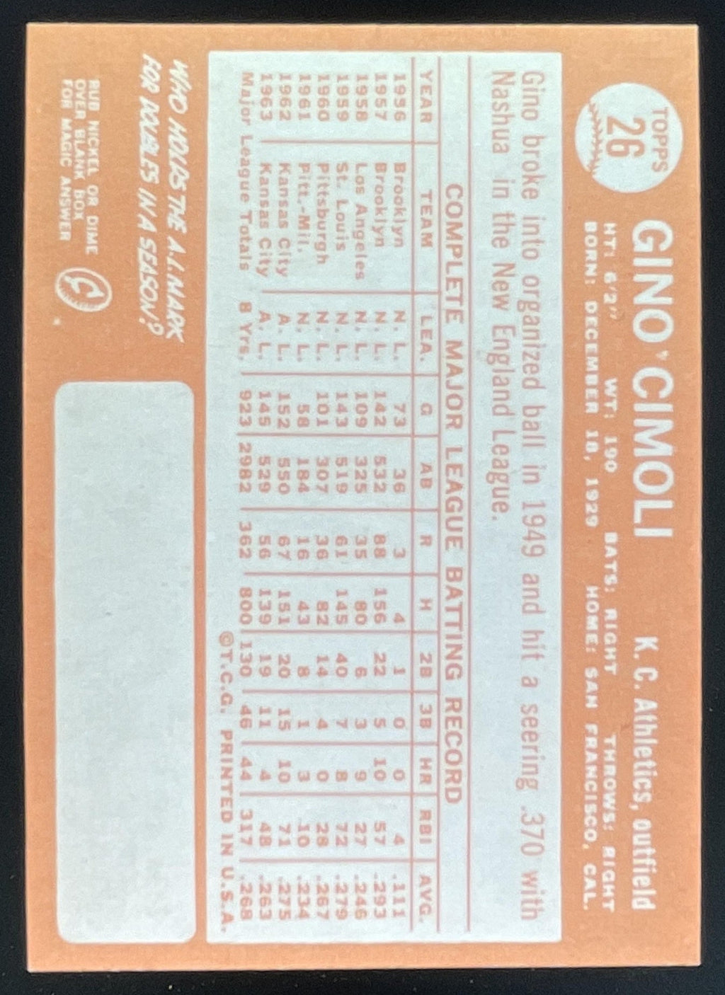 1964 Topps #26 Gino Cimoli product image 2, provided for visual reference and product detail review