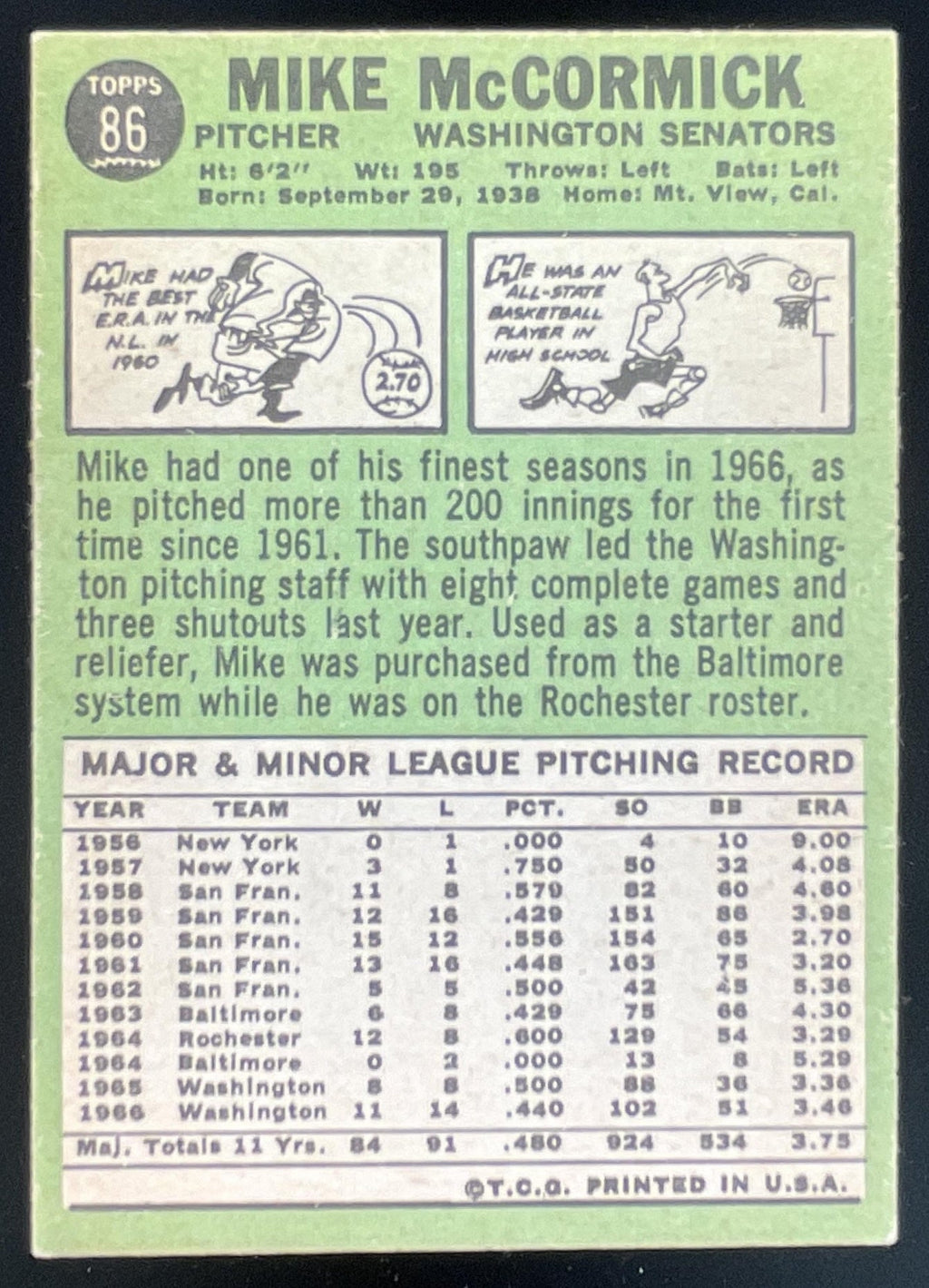 1967 Topps #86 Mike McCormick product image 2, provided for visual reference and product detail review
