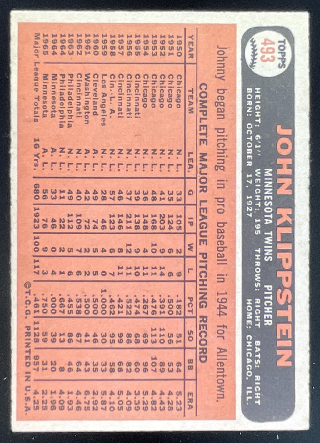 1966 Topps #493 Johnny Klippstein product image 2, provided for visual reference and product detail review