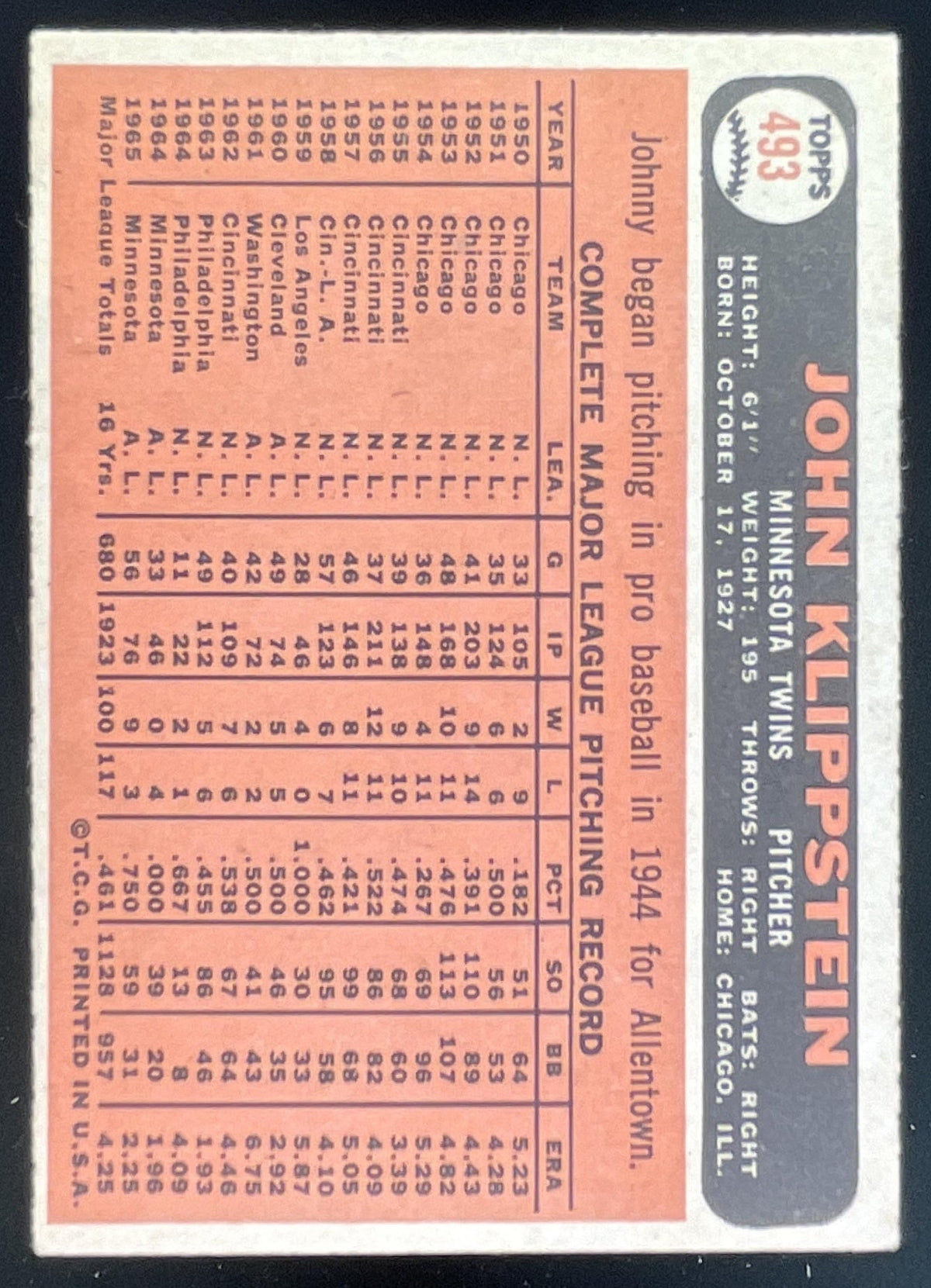 1966 Topps #493 Johnny Klippstein product image 2, provided for visual reference and product detail review