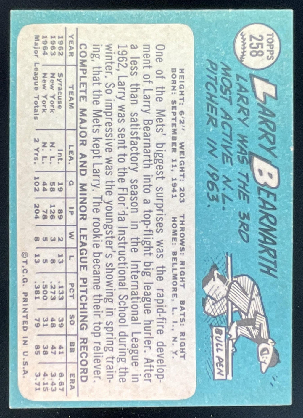 1965 Topps #258 Larry Bearnarth product image 2, provided for visual reference and product detail review