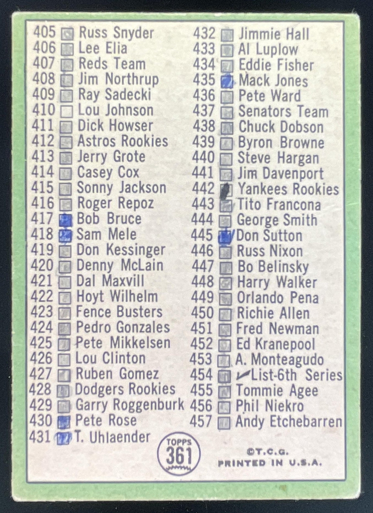 1967 Topps #361 5th Series Checklist: 371-457 Roberto Clemente product image 2, provided for visual reference and product
