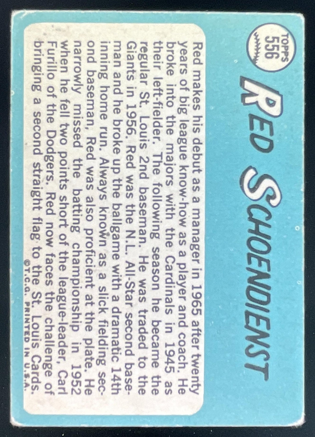 1965 Topps #556 Red Schoendienst product image 2, provided for visual reference and product detail review