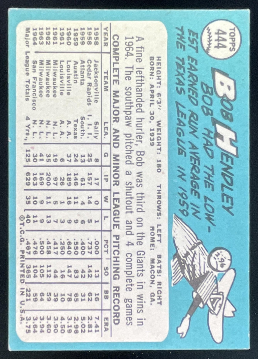 1965 Topps #444 Bob Hendley product image 2, provided for visual reference and product detail review