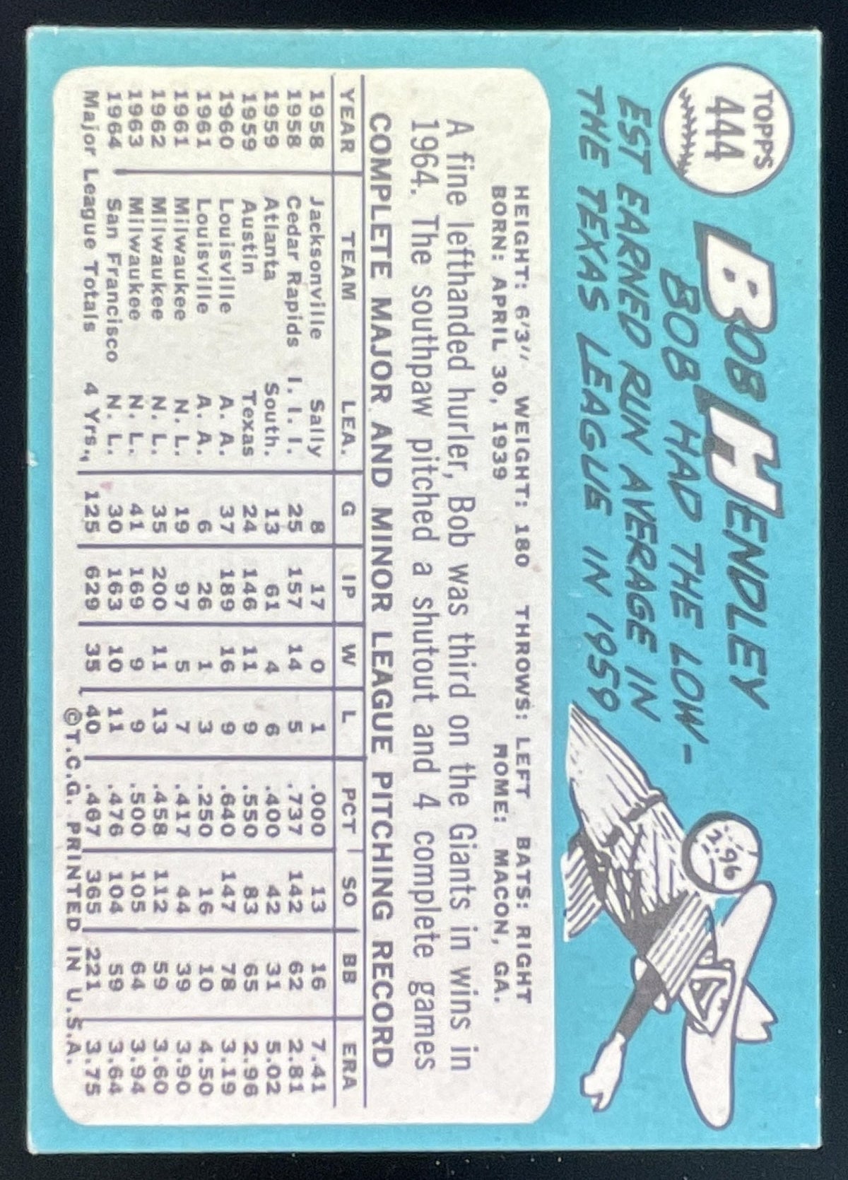 1965 Topps #444 Bob Hendley product image 2, provided for visual reference and product detail review