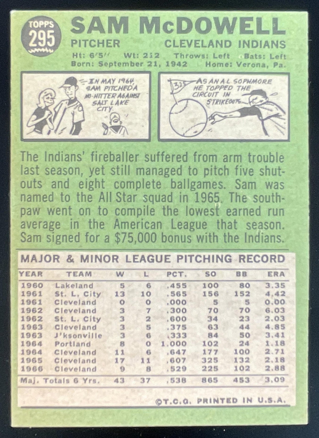 1967 Topps #295 Sam McDowell product image 2, provided for visual reference and product detail review