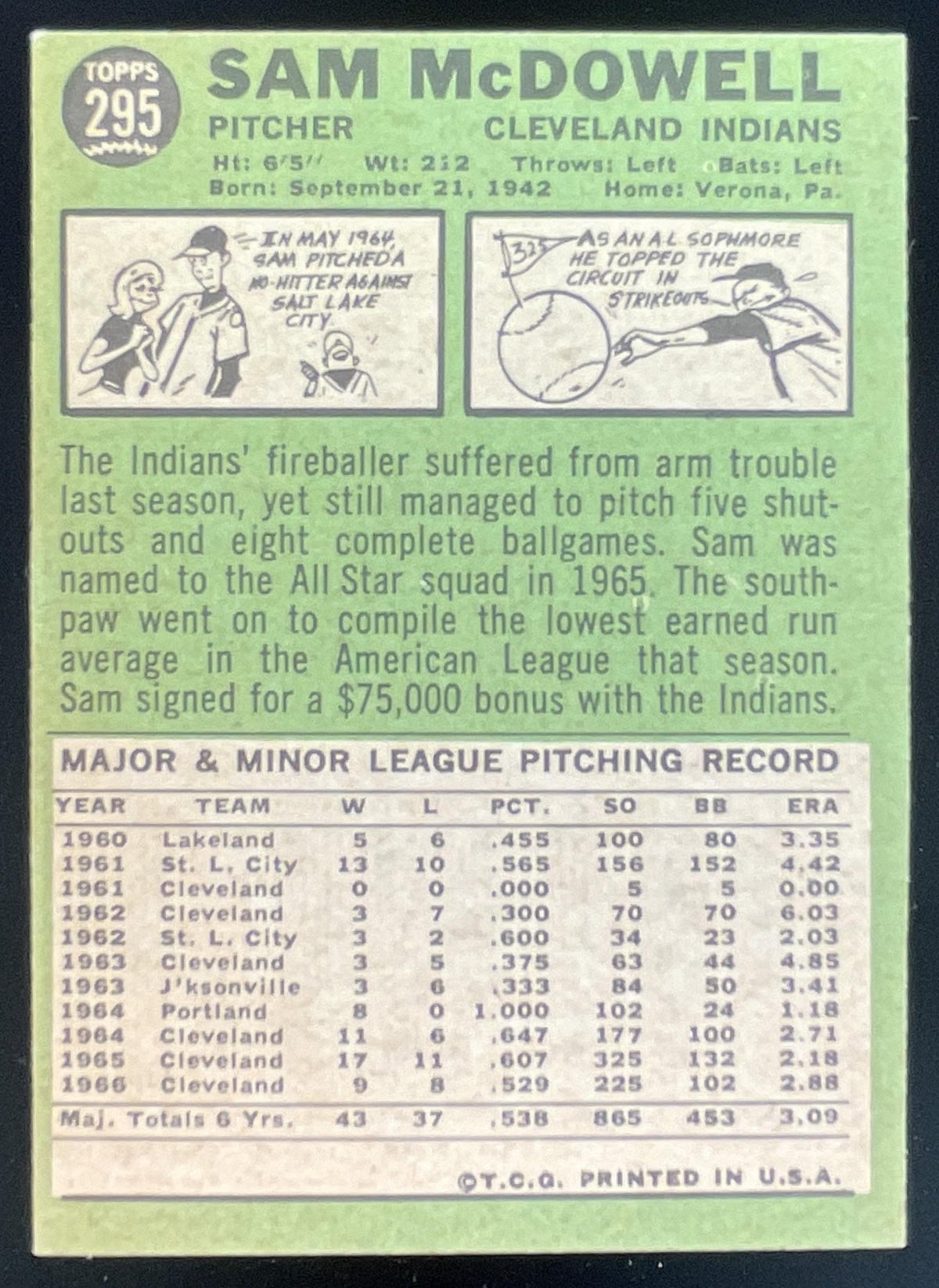 1967 Topps #295 Sam McDowell product image 2, provided for visual reference and product detail review