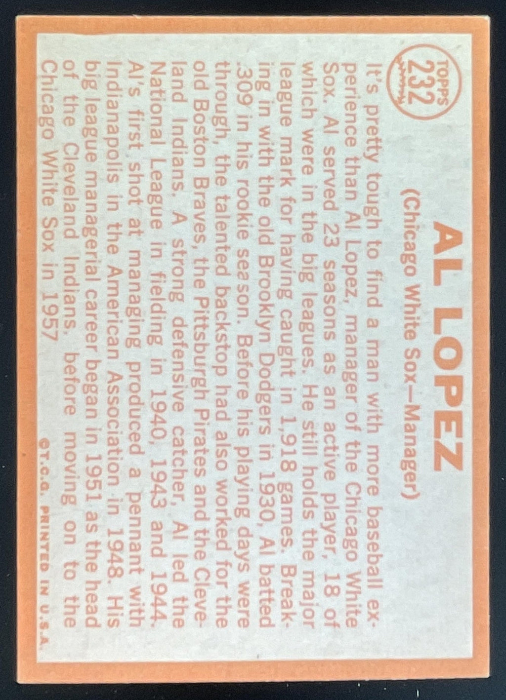 1964 Topps #232 Al Lopez product image 2, provided for visual reference and product detail review