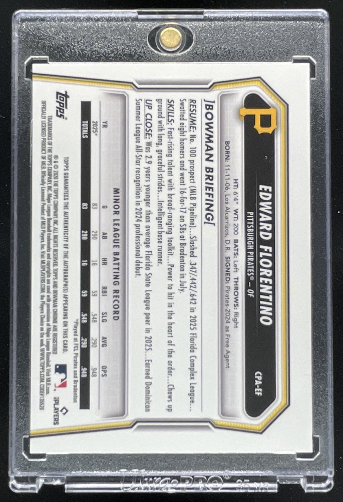 2026 Bowman Chrome Prospect Blue Refractor #CPAEF Edward Florentino RC Auto /150 product image 2, provided for visual