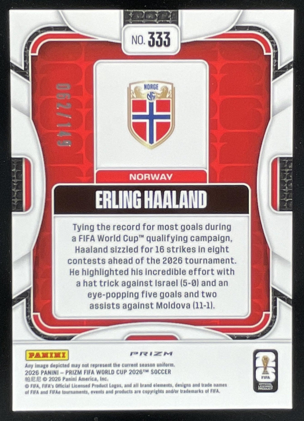 2026 Panini Prizm World Cup Teal Disco Prizm #333 Erling Haaland /149 product image 2, provided for visual reference and