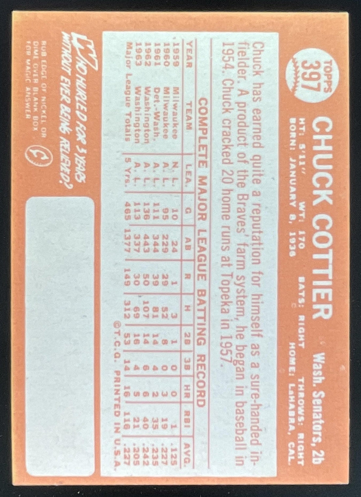 1964 Topps #397 Chuck Cottier product image 2, provided for visual reference and product detail review