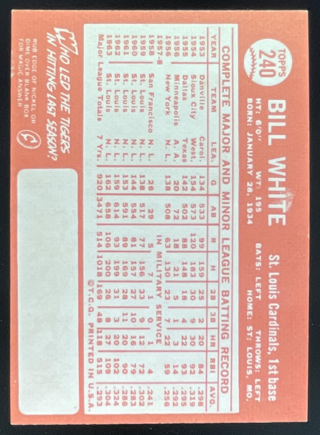 1964 Topps #240 Bill White product image 2, provided for visual reference and product detail review